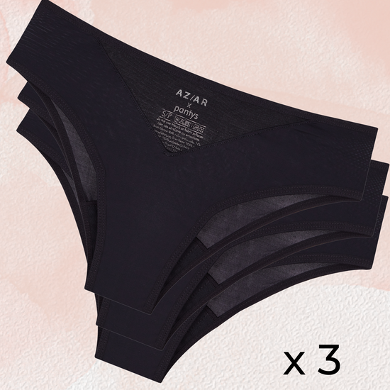 lot de 3 culottes menstruelles conçues pour le sport, de la marque AZAR GANG et PANTYS