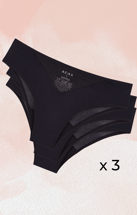 lot de 3 culottes menstruelles conçues pour le sport, de la marque AZAR GANG et PANTYS
